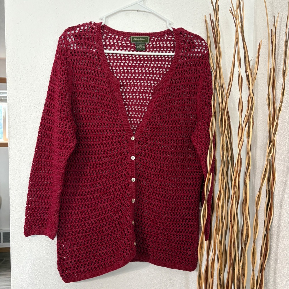 Eddie Bauer Crochet Cardigan Sweater Open Knit Button Vintage Front Size Large